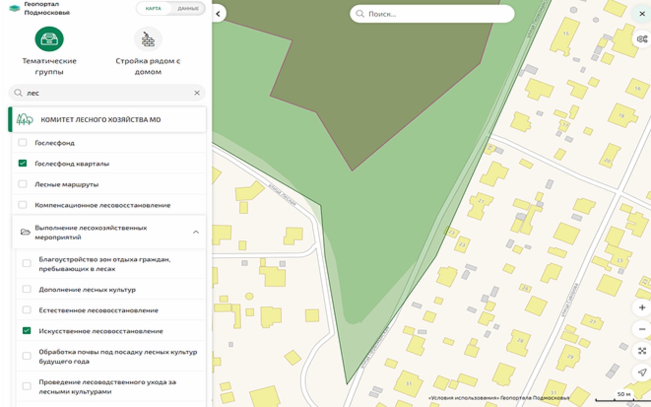 Публичная кадастровая карта с границами лесфонда